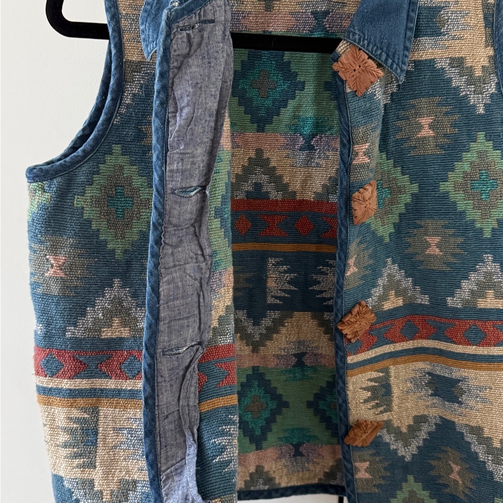 Southwestern Pattern Denim-Trim Kids Vest - Blue/Teal - Picture 4 of 6